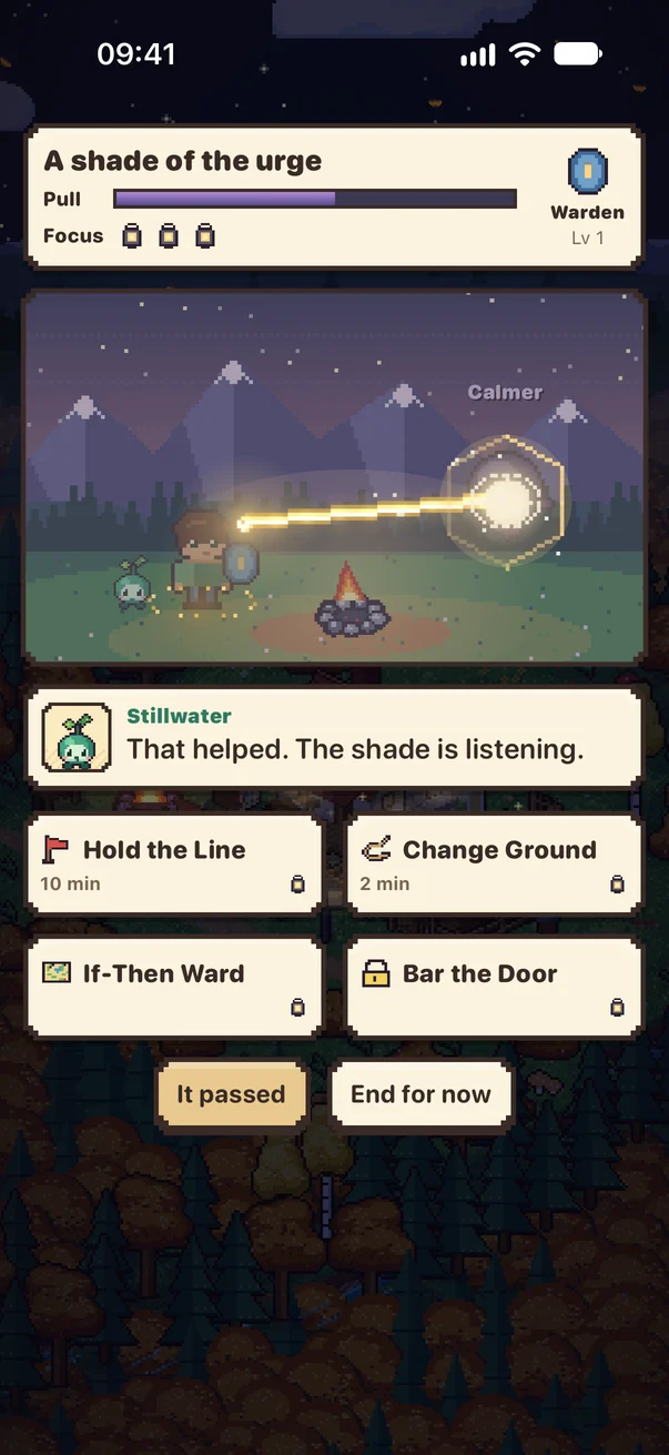 An urge encounter in Ebbora: the Warden's lantern beam calms the shade, with coping moves such as Hold the Line and Change Ground below.